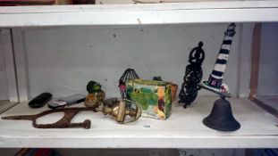 A mixed lot of metal ware etc including bell