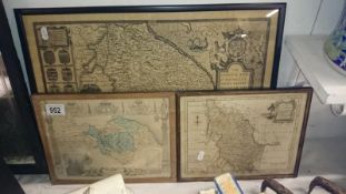 3 old framed and glazed maps including Lincolnshire