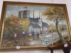 A large gilt framed oil on canvas, promenade scene,