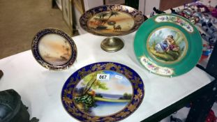 A hand painted cake stand and 3 plates
 
The cake stand height is approximately 4.25”, diameter is