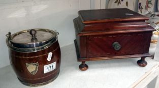 An inlaid mahogany and silver plate biscuit barrel dated 1926 and an inlaid mahogany drawer box