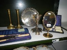 A collection of silver plate and brass including fish set, meat set,