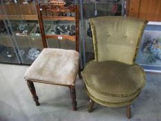 A green dralon and candlewick covered nursing chair with oak legs and an Edwardian mahogany side