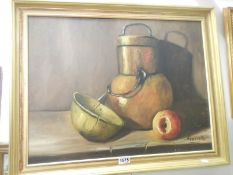 An oil on canvas still life scene signed Vicinte, approximately 28.5" x 22.