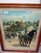 A maple framed chromo-lithograph of cart horse and children,