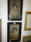 A pair of 19th century Spanish Watercolour female portraits in ebony framed, signed but indistinct,