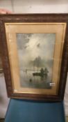 A 19th century framed & glazed print in oak frame 'Fishing boats at anchor' (image 25cm x 42cm)