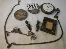 A mixed lot including Victorian 1897 crown, silver stamp holder, 2 jointed dolls,