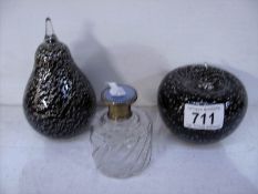 2 silver fleck glass paperweights and a blue enamel scent bottle