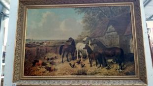 A large gilt framed print on canvas of farm scene with horses,