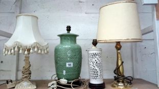 4 table lamps including Oriental and brass examples