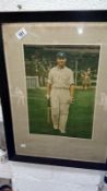 A coloured print of English cricketer Sir Jack Hobbs in oak frame,