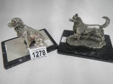 2 silver plate dog figures on marble base