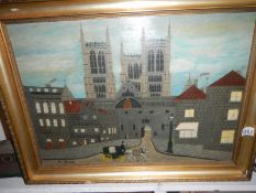 A naive oil on board painting of a church and gateway signed H Spencer,