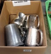 8 pewter and silver plate tankards including one marked H M S Victorius