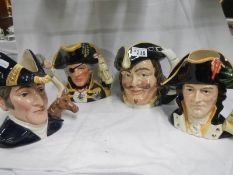 4 Royal Doulton character jugs including Duke of Wellington and Vice Admiral Lord Nelson