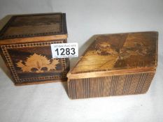 A straw work box and a marquetry box