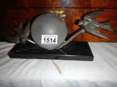 A French spelter birds on marble base table lamp