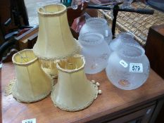 4 glass lamp shades and 4 linen lamp shades