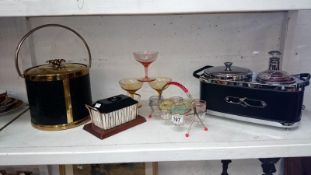 A mixed lot of retro items including novelty ice bucket bar set, Crown Devon butter dish,