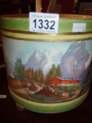 A Staffordshire jardiniere hand painted with mountain scenes, 19cm high x 19.