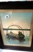 An oak framed print of boat,