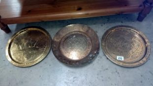 3 Indian engraved brass trays, one inlaid with silver and copper,