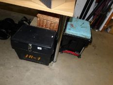 2 fishing boxes (one with contents) and fishing creels and baskets