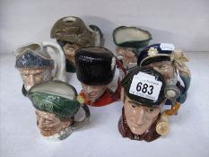 7 Royal Doulton character jugs including The Sleuth, The Poacher,