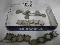 3 silver 3d coin bracelets and one other