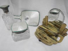 An art deco manicure set, a 3 piece art deco silver topped set, powder bowl,