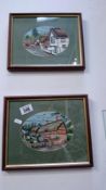 A pair of framed tapestries of thatched cottages
