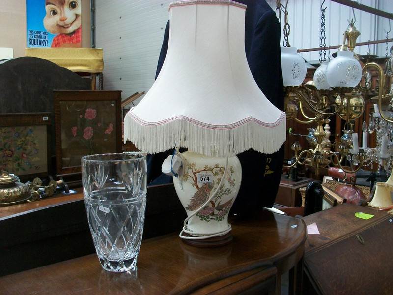 An oriental ginger jar table lamp (lid a/f) and a heavy cut glass vase