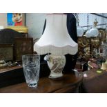 An oriental ginger jar table lamp (lid a/f) and a heavy cut glass vase
