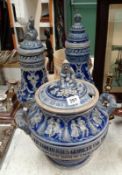 2 lidded German vases with gnomes and a German punch bowl,
