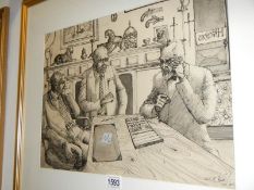 A pen, ink and watercolour of an antique shop scene circa 1968 by Judi Kent Pyrah,