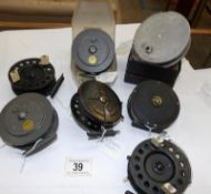 7 vintage fishing reels including K P Morritts, Intrepid,