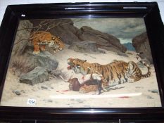 A litho print of tigers and prey,