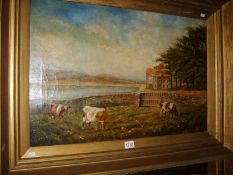 An oil on canvas of cows, lake and villa,