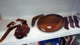 A mixed lot of wooden items including carved mask, tray,