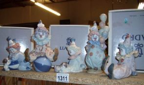 5 Lladro clowns, Tired Friend, Pierrot with puppy, Peirrot with puppy and ball,