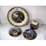 4 items of Pratt ware consisting of plate, pot and 2 lids,