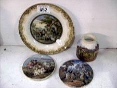 4 items of Pratt ware consisting of plate, pot and 2 lids,