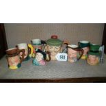 7 small character jugs and a scarce Mr Pickwick spirit flask