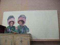 A painted retro panel with 2 ladies under hair dryers