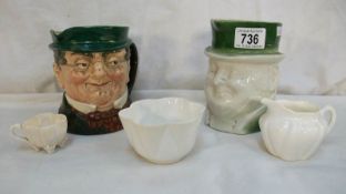 A Royal Doulton Mr Pickwick character jug, 1 other, A coalport cup, Shelley milk jug and sugar bowl,
