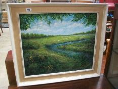 A framed oil on canvas of an angler fishing on winding river, signed S.M.  image 58.