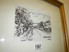 A framed and glazed pen and ink sketch by ware artist Adrian Hill, signed, image 19 x 13.