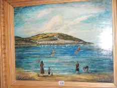 A gilt framed oil on board Appledore beach scene,