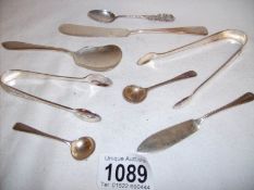 2 silver sugar nips, spoons etc, 8 items,